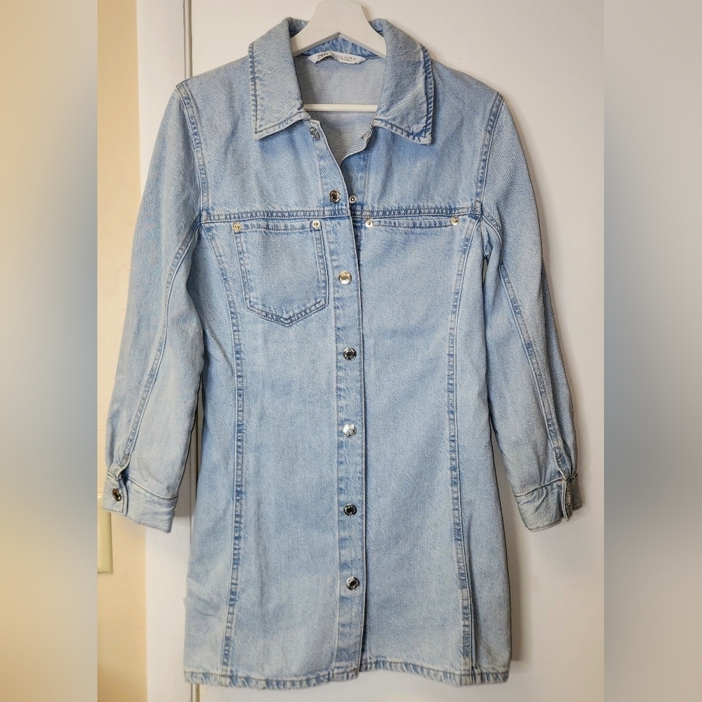 Zara Cotton Fitted Long Sleeves Button Down Denim Shirt Dress Light Wash Size S - Picture 3 of 15